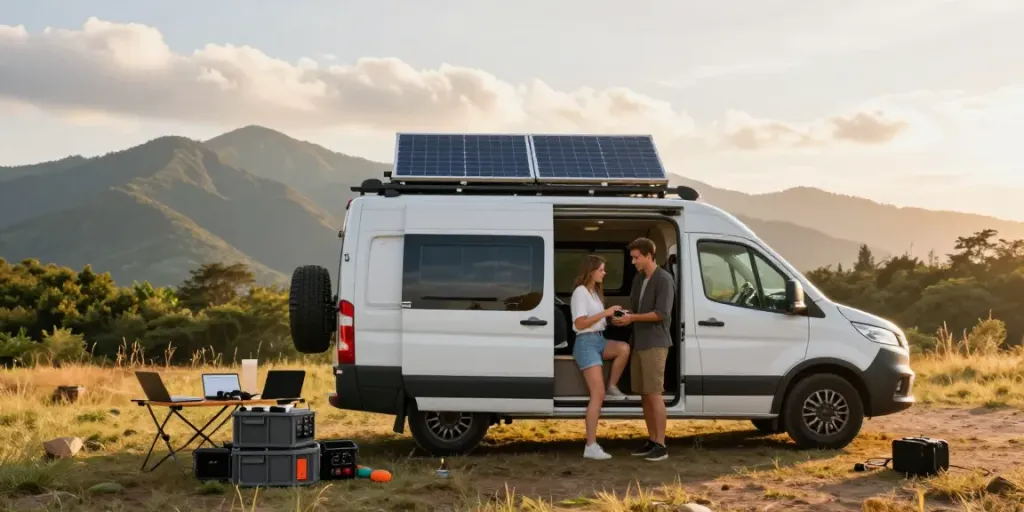 Rokok88 enthusiasts setting up solar panels on their camper van in a beautiful outdoor landscape.
